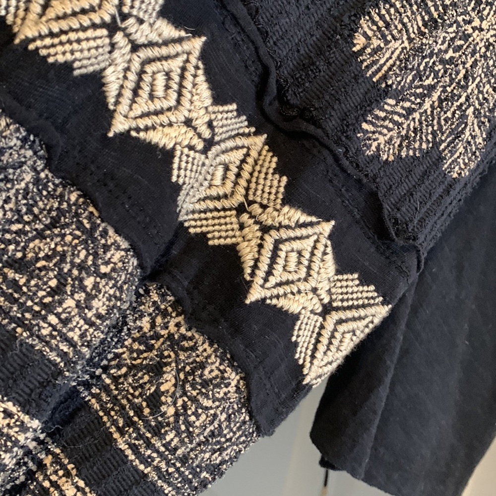 Free People Black w/ Tan Embroidered top. Drawstring Bottom. 0ne button front XS - Picture 7 of 10
